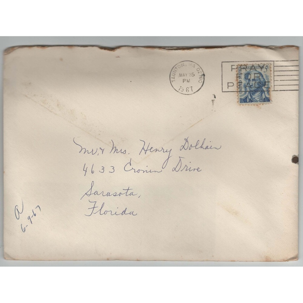 Vtg 1967 Postmarked Envelope Taunton MA to Sarasota FL George Washington Stamp - Picture 1 of 2